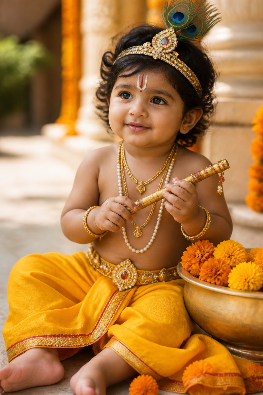 Little Krishna look — child with flute
