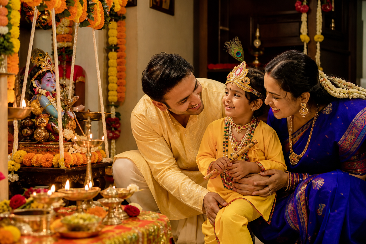 Family celebrating Krishna Jayanthi with child in costume